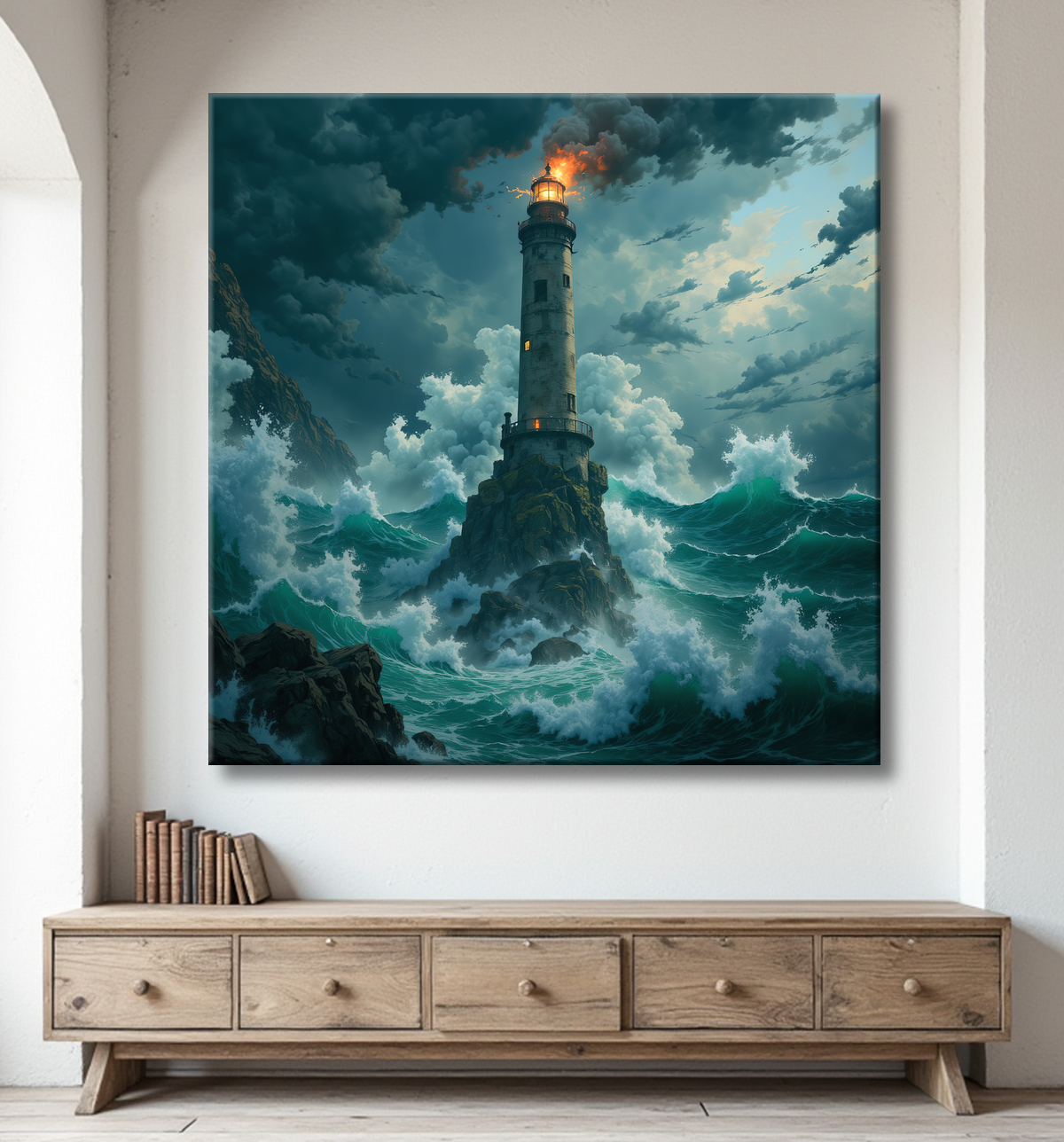 Tableau phare en tempête : illustration fantastique et impressionnante avec decor