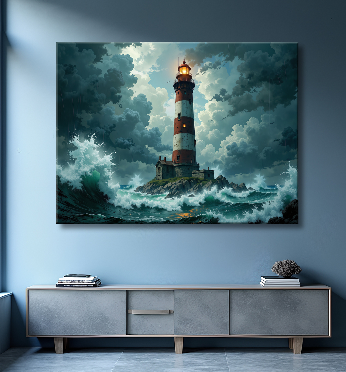 Tableau phare en tempête : illustration fantastique et impressionnante avec decor