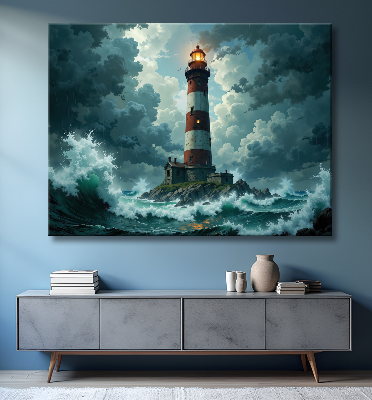 Tableau phare en tempête : illustration fantastique et impressionnante avec decor