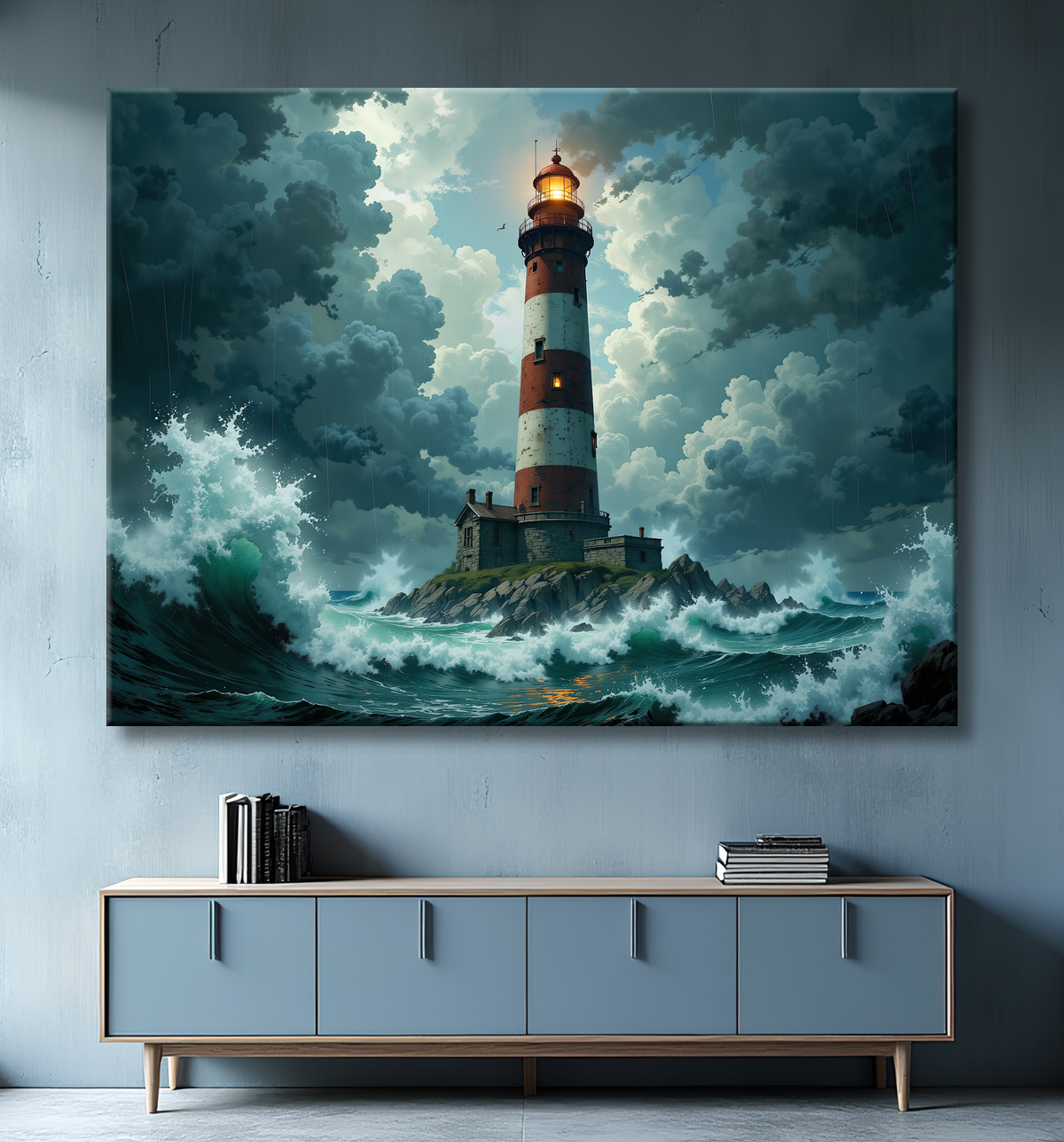 Tableau phare en tempête : illustration fantastique et impressionnante avec decor