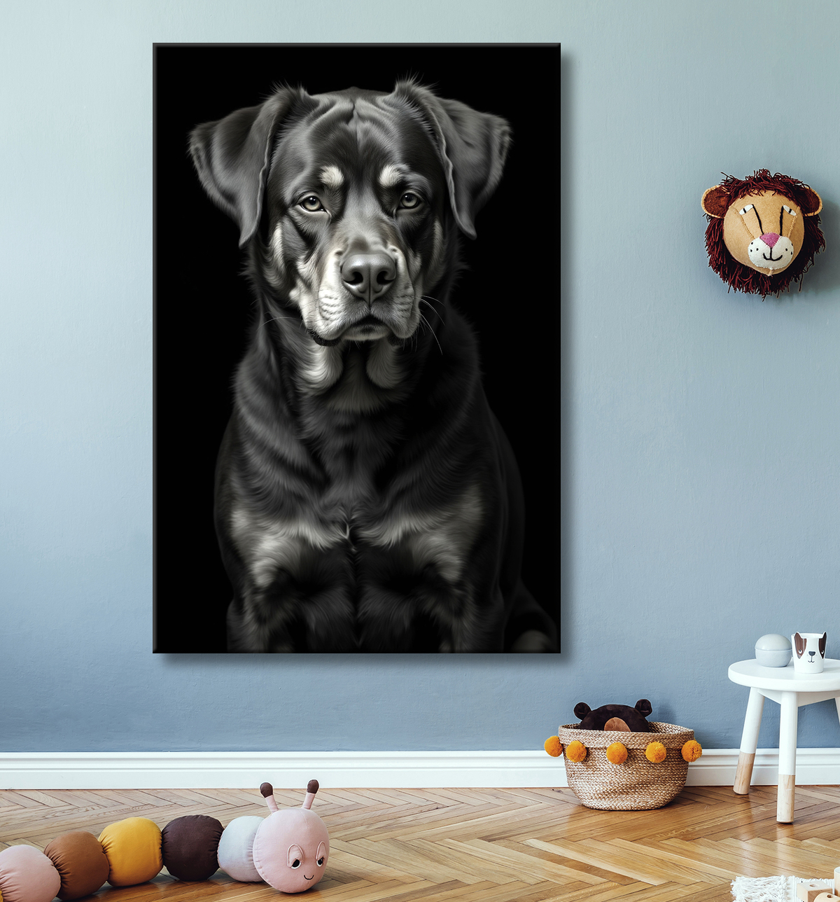 Tableau rottweiler - Portrait photographique noir et blanc avec decor