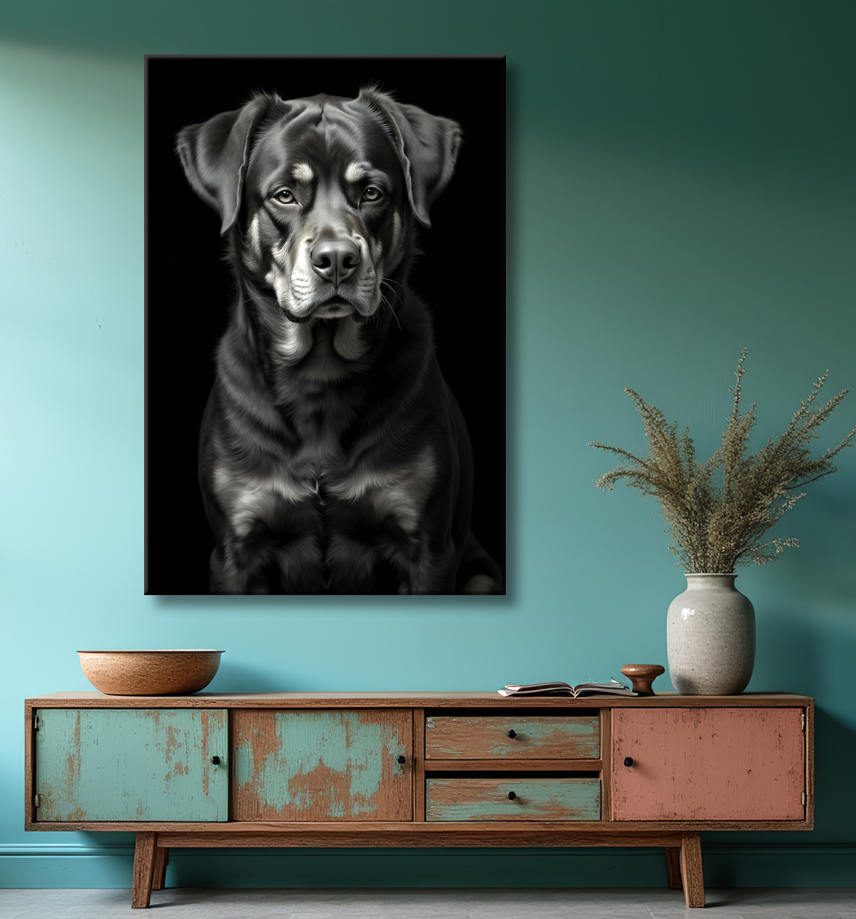 Tableau rottweiler - Portrait photographique noir et blanc avec decor