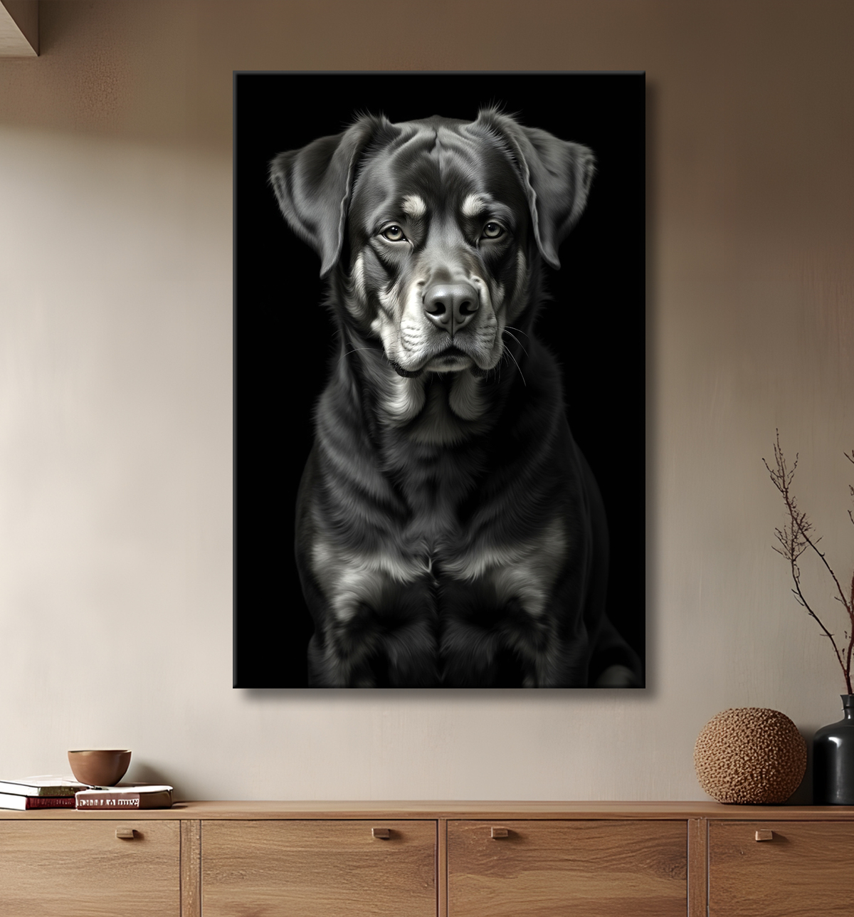 Tableau rottweiler - Portrait photographique noir et blanc avec decor