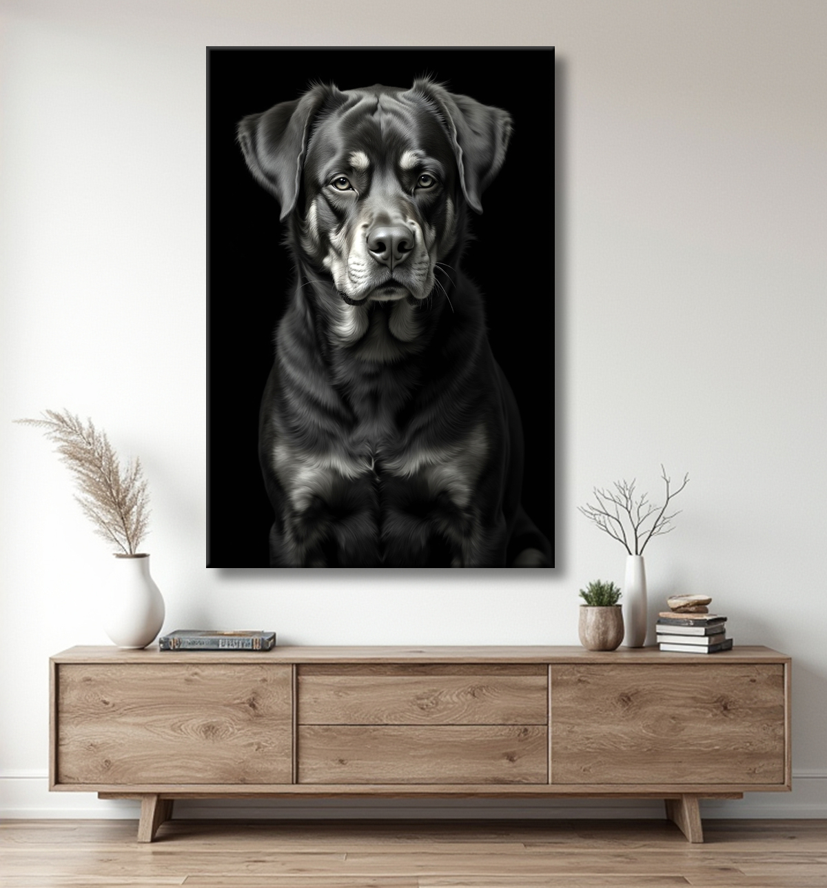 Tableau rottweiler - Portrait photographique noir et blanc avec decor