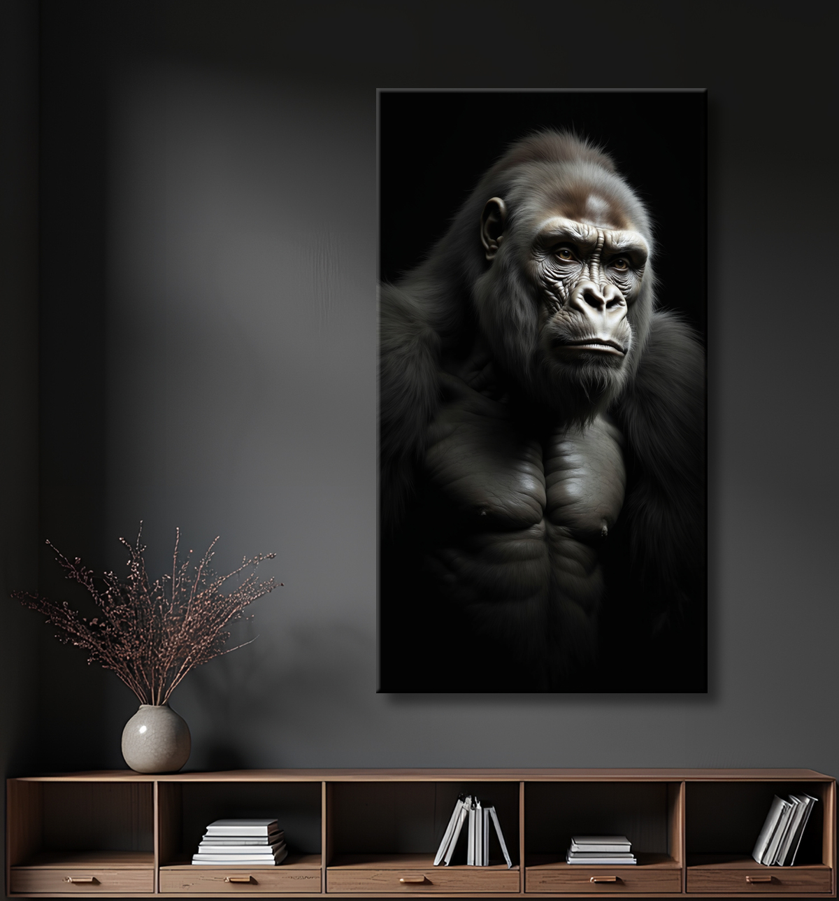 Tableau gorille sur fond noir - Portrait animalier studio avec decor