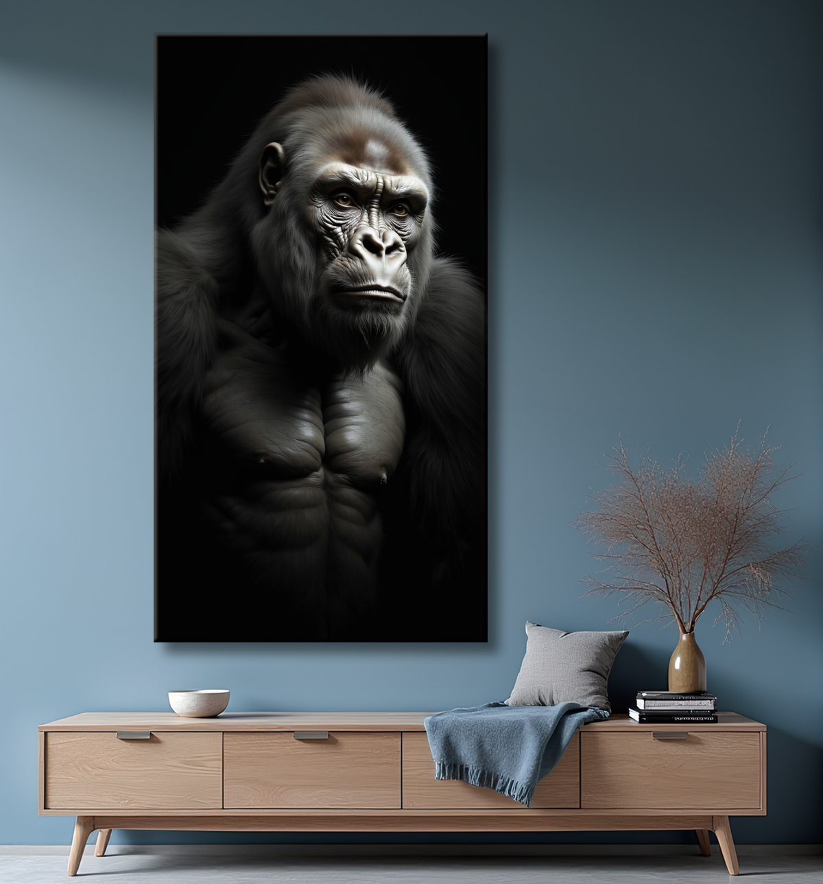 Tableau gorille sur fond noir - Portrait animalier studio avec decor