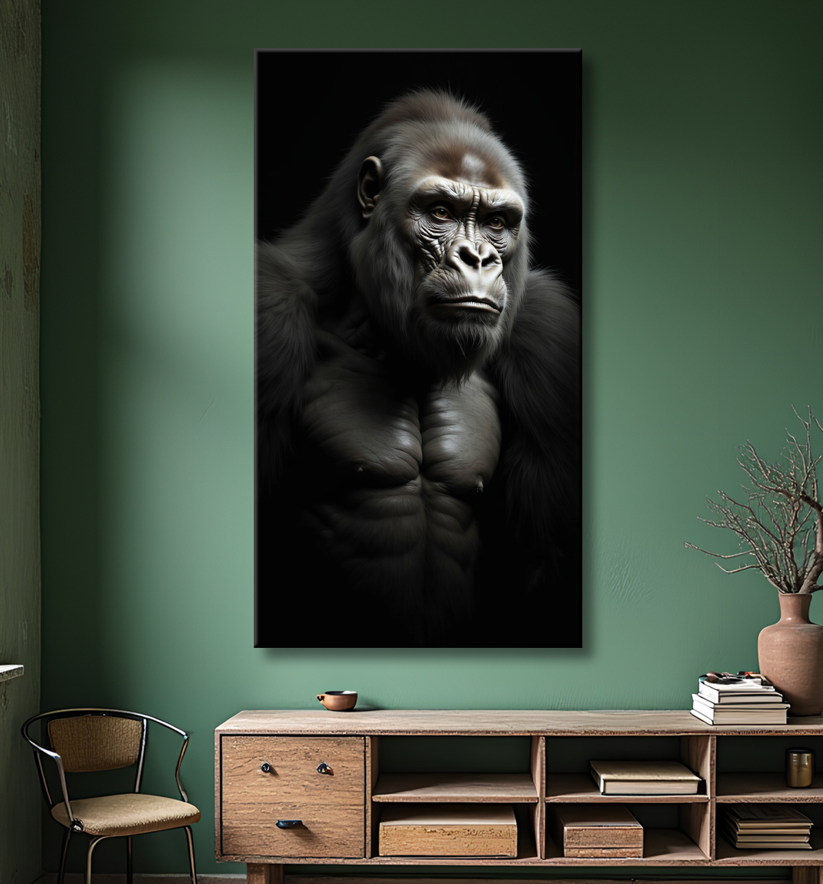 Tableau gorille sur fond noir - Portrait animalier studio avec decor
