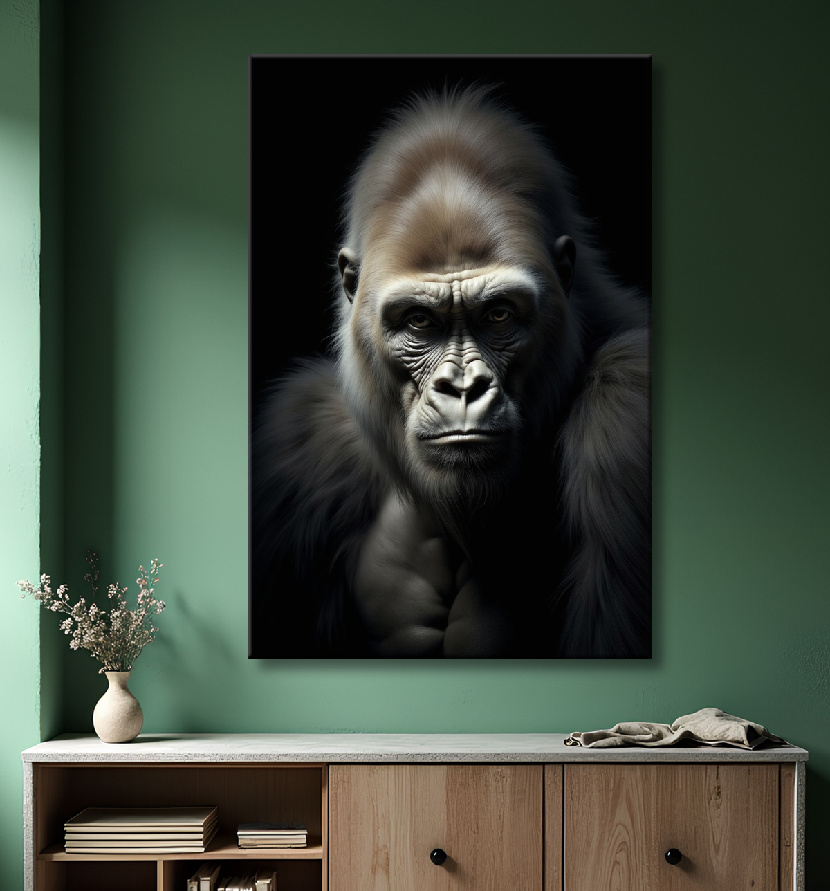 Tableau gorille sur fond noir - Portrait animalier studio avec decor