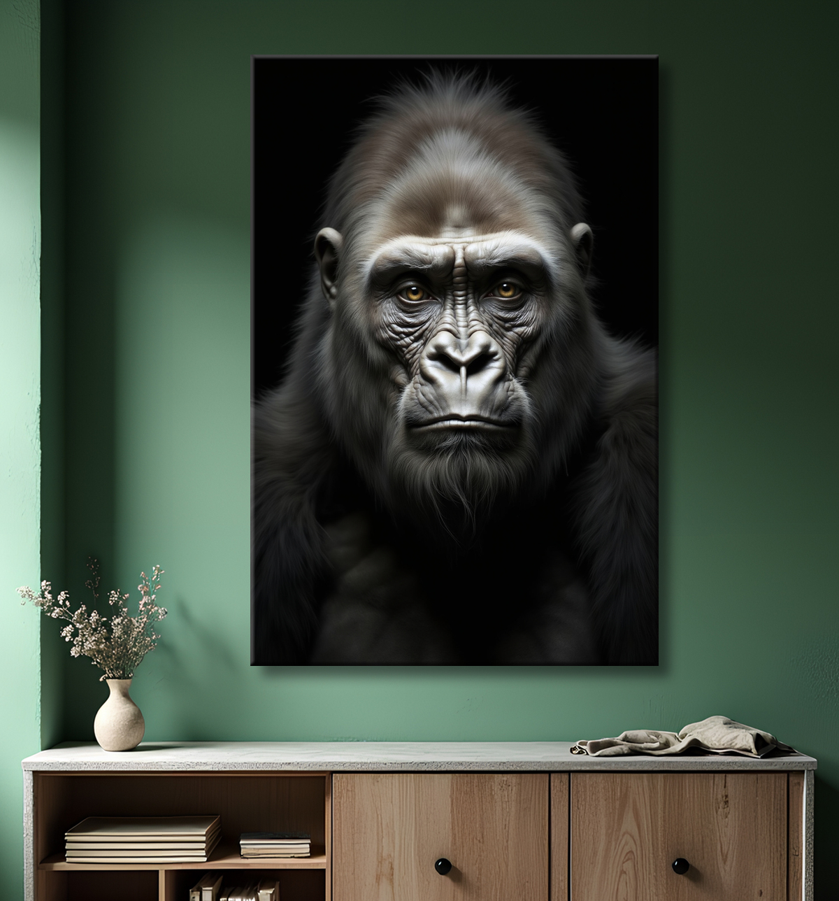 Tableau gorille sur fond noir - Portrait animalier studio avec decor