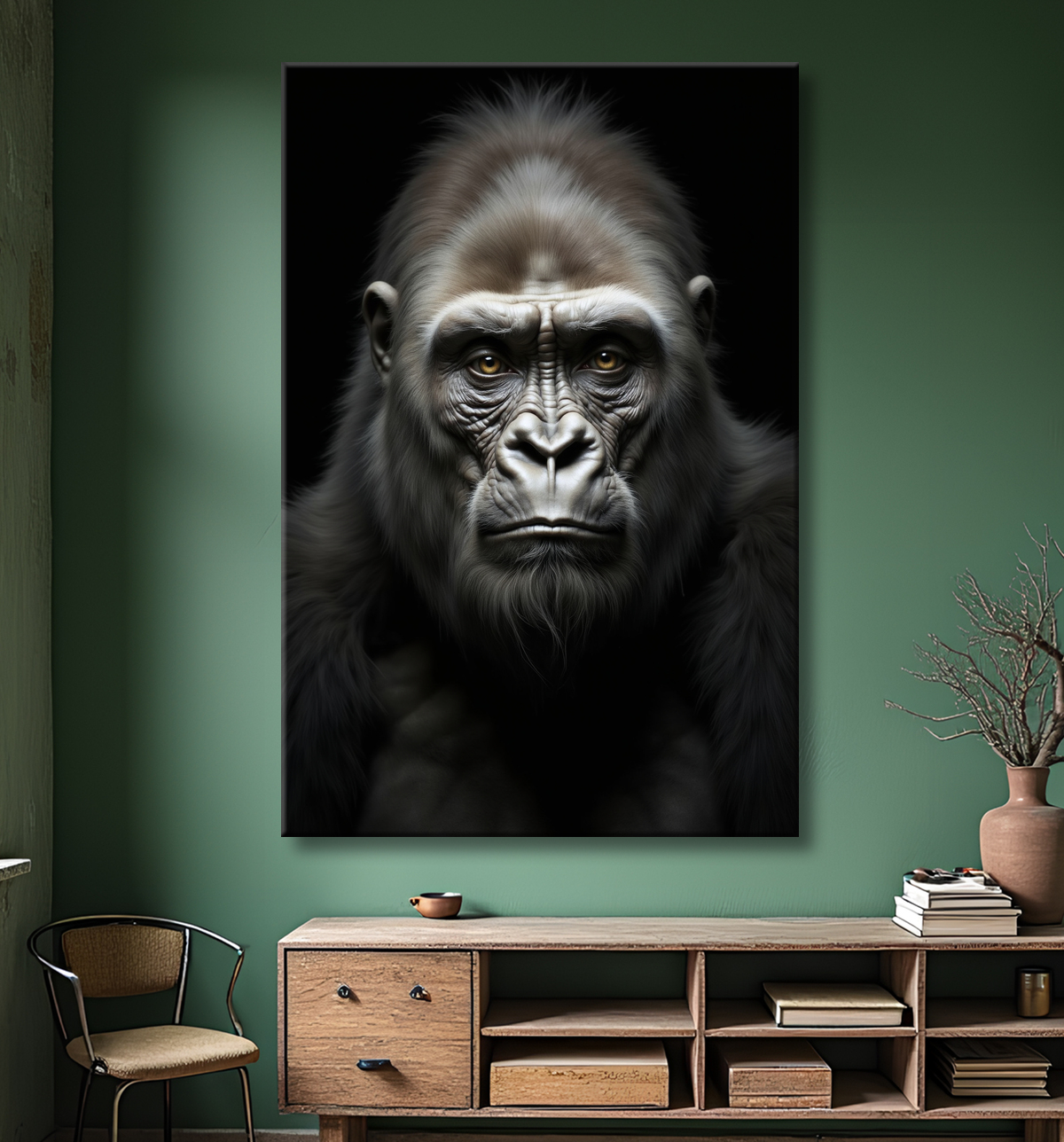 Tableau gorille sur fond noir - Portrait animalier studio avec decor