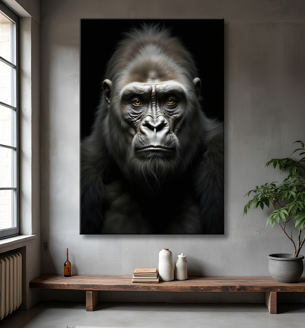 Tableau gorille sur fond noir - Portrait animalier studio avec decor