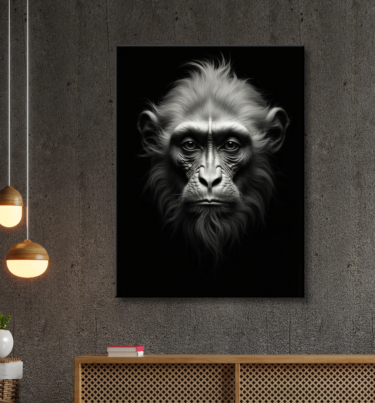 Tableau photo singe sur fond noir, qualité studio avec decor