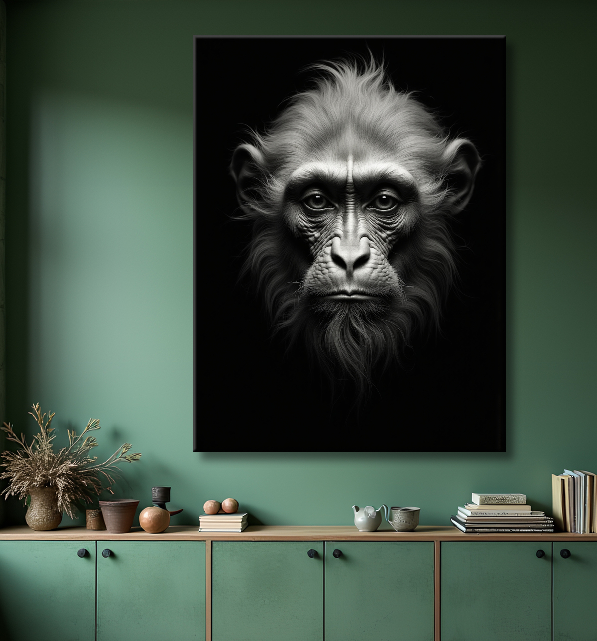Tableau photo singe sur fond noir, qualité studio avec decor