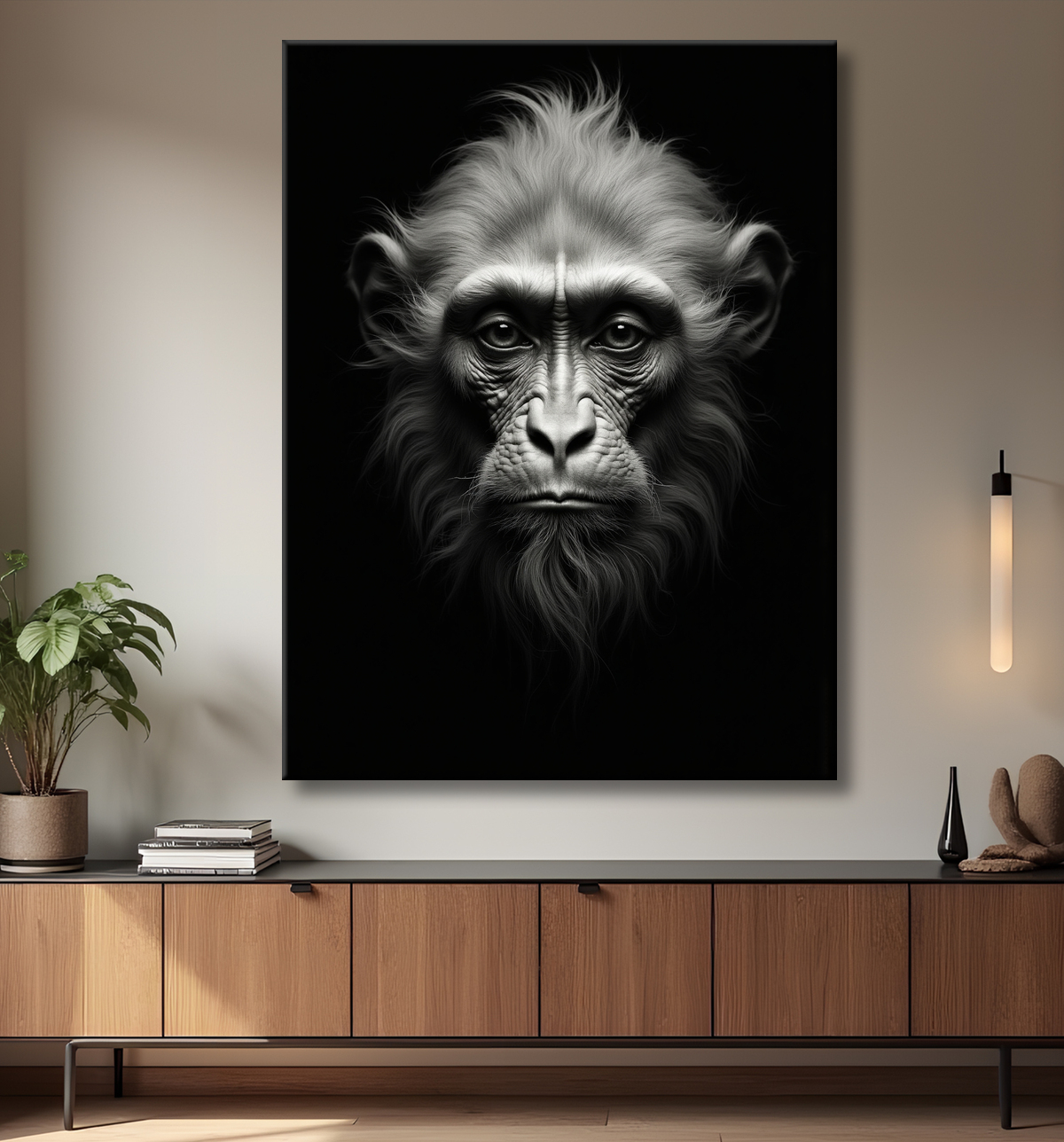 Tableau photo singe sur fond noir, qualité studio avec decor