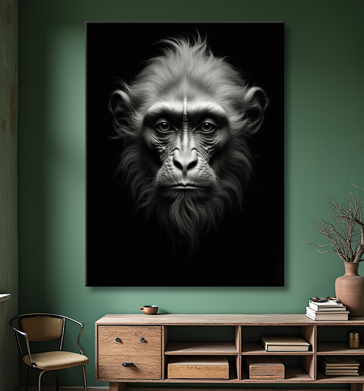 Tableau photo singe sur fond noir, qualité studio avec decor