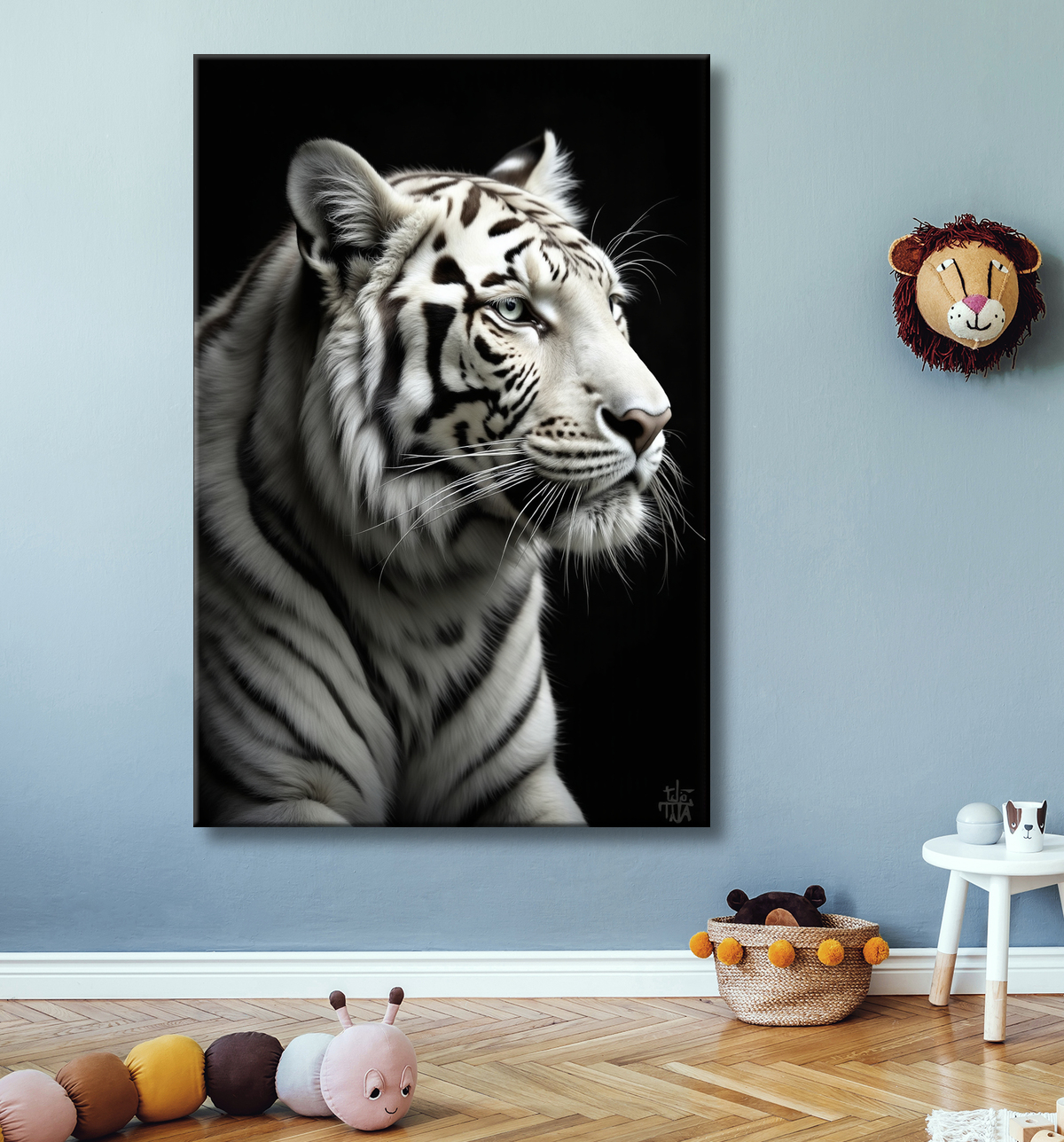 Tableau tigre blanc sur fond noir - Portrait animalier haut de gamme avec decor