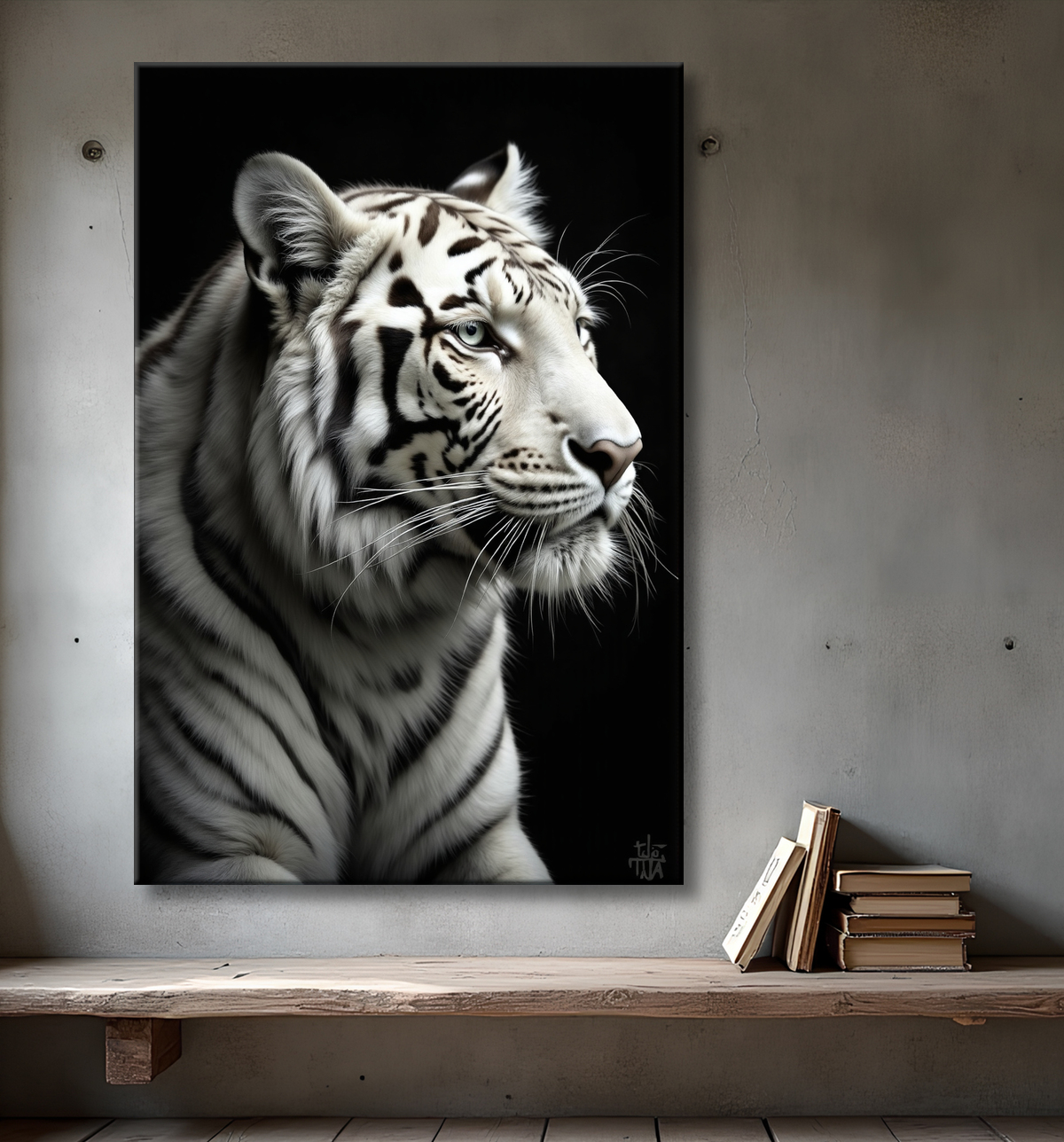 Tableau tigre blanc sur fond noir - Portrait animalier haut de gamme avec decor