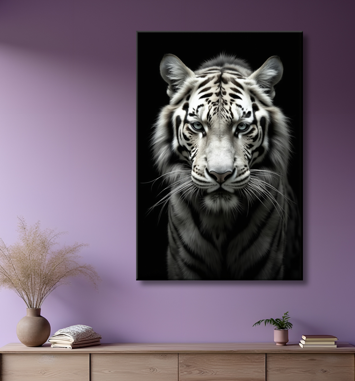 Tableau tigre blanc sur fond noir - Portrait animalier haut de gamme avec decor