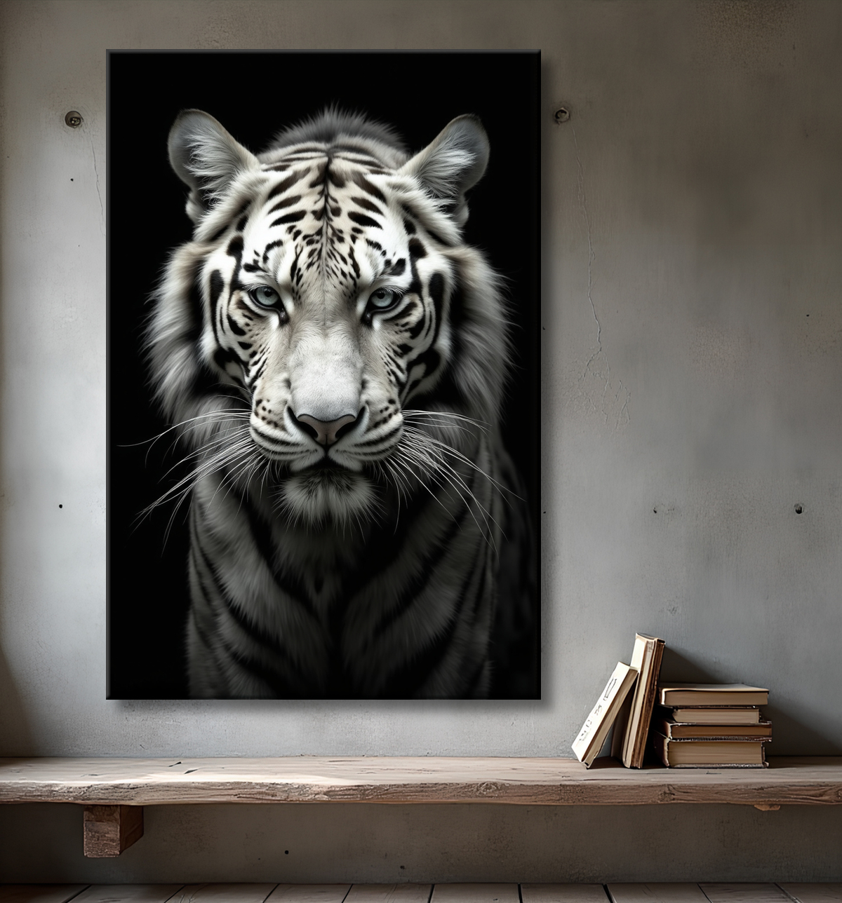 Tableau tigre blanc sur fond noir - Portrait animalier haut de gamme avec decor