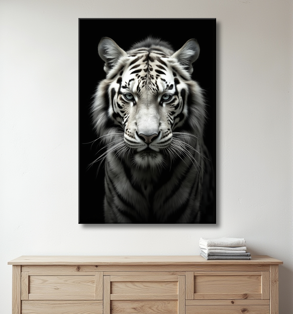 Tableau tigre blanc sur fond noir - Portrait animalier haut de gamme avec decor