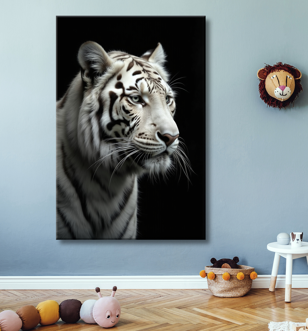 Tableau tigre blanc sur fond noir - Portrait animalier haut de gamme avec decor