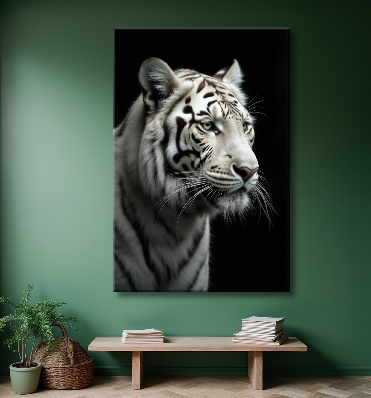 Tableau tigre blanc sur fond noir - Portrait animalier haut de gamme avec decor