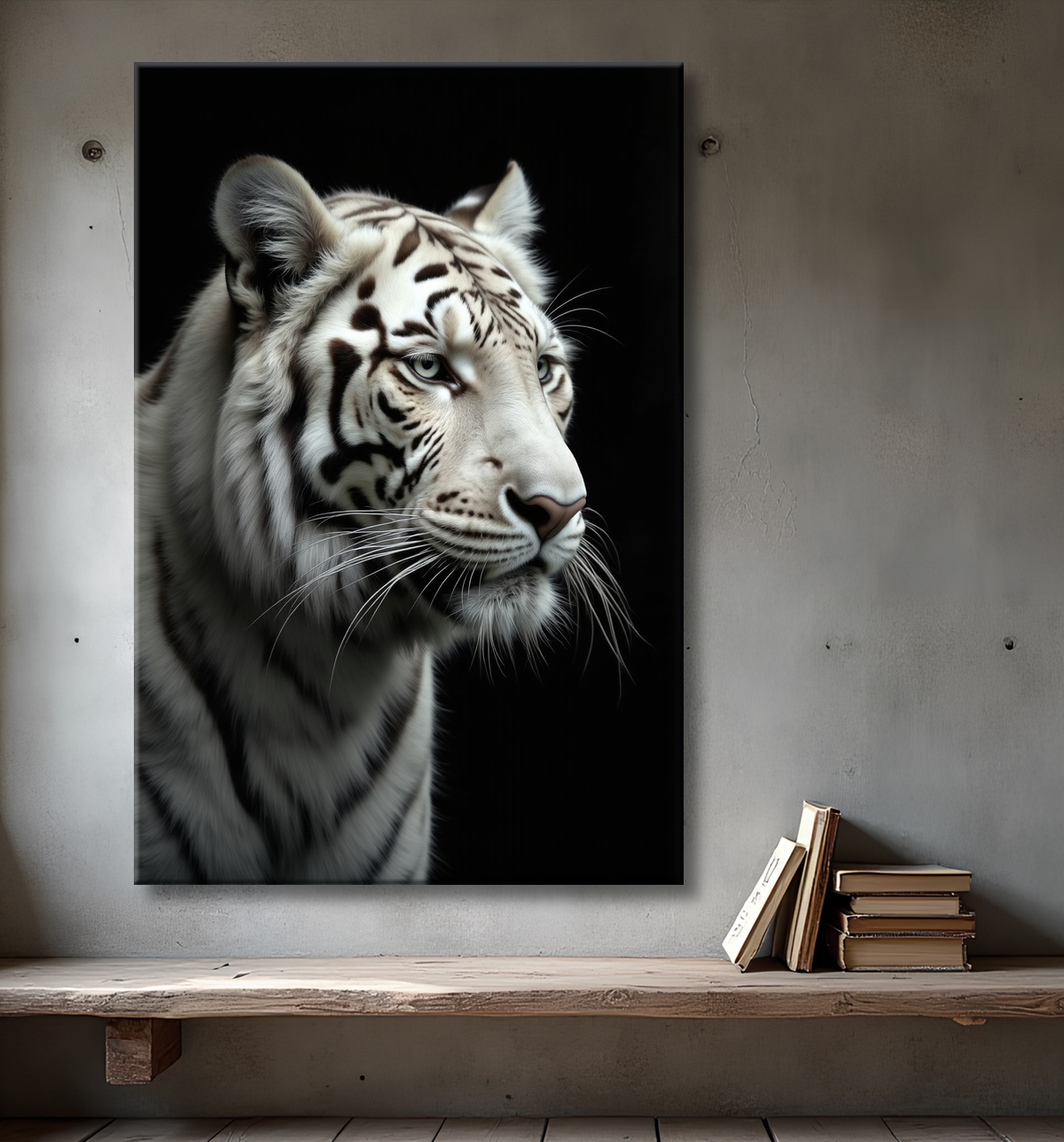Tableau tigre blanc sur fond noir - Portrait animalier haut de gamme avec decor