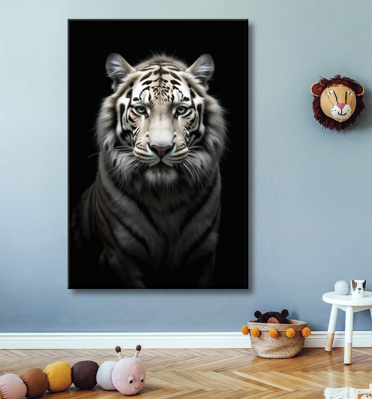 Tableau tigre blanc sur fond noir - Portrait animalier haut de gamme avec decor