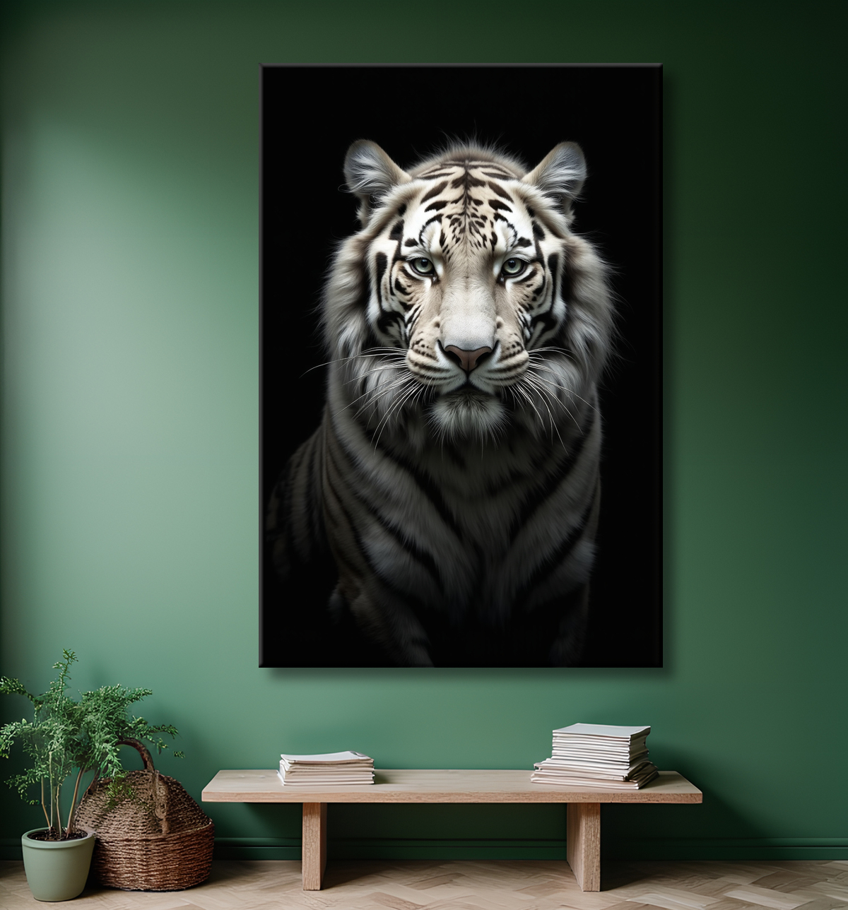 Tableau tigre blanc sur fond noir - Portrait animalier haut de gamme avec decor