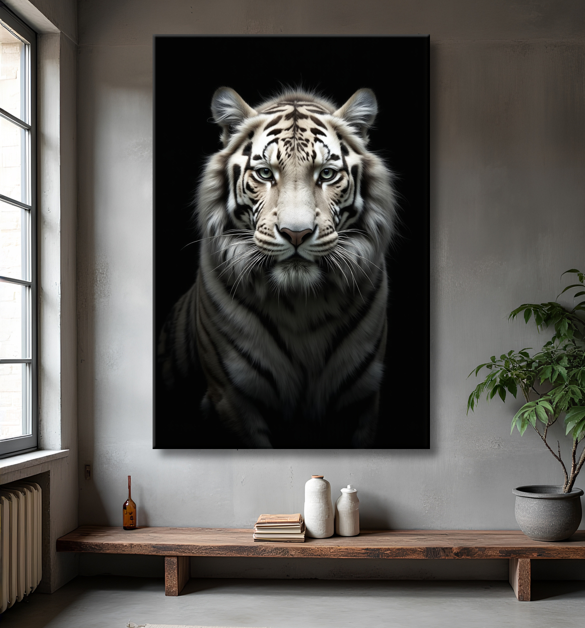 Tableau tigre blanc sur fond noir - Portrait animalier haut de gamme avec decor