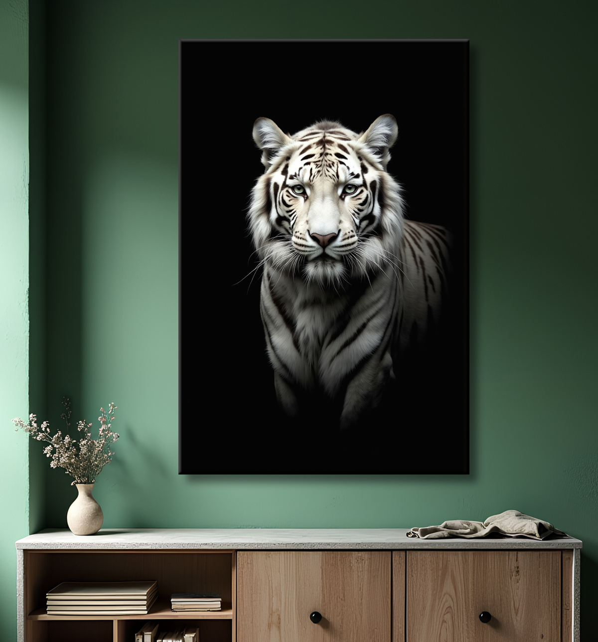 Tableau tigre blanc sur fond noir - Portrait animalier haut de gamme avec decor
