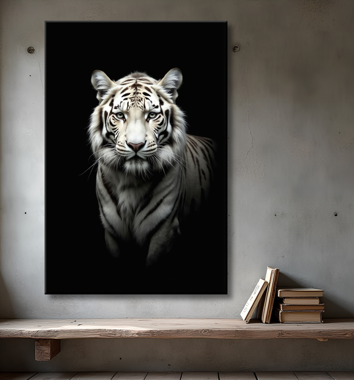 Tableau tigre blanc sur fond noir - Portrait animalier haut de gamme avec decor