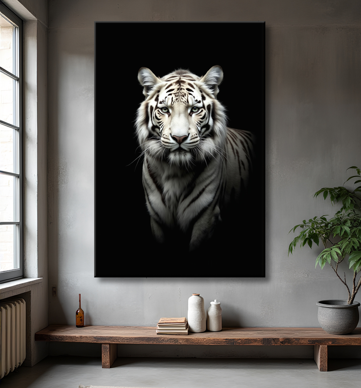Tableau tigre blanc sur fond noir - Portrait animalier haut de gamme avec decor