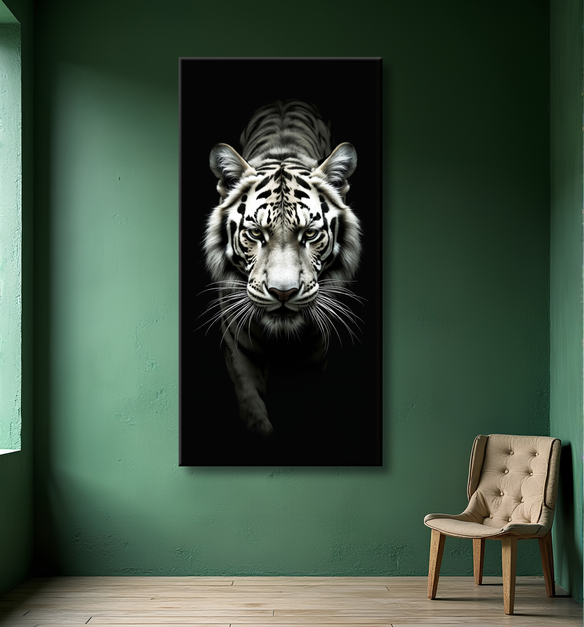 Tableau tigre blanc sur fond noir - Portrait animalier haut de gamme avec decor