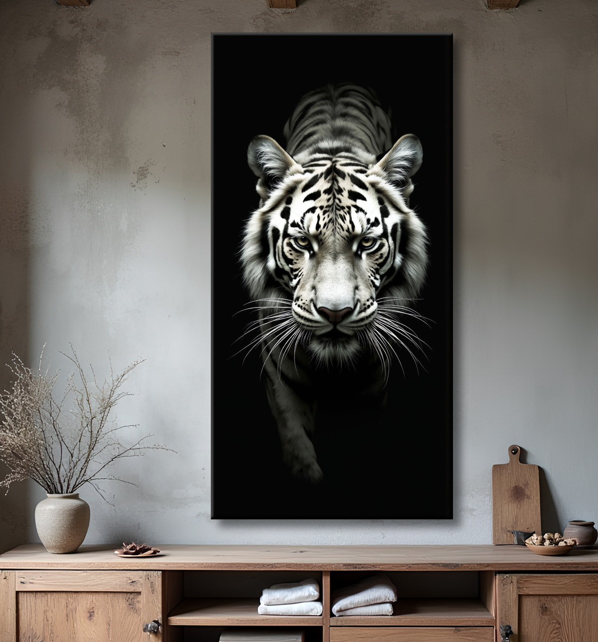 Tableau tigre blanc sur fond noir - Portrait animalier haut de gamme avec decor