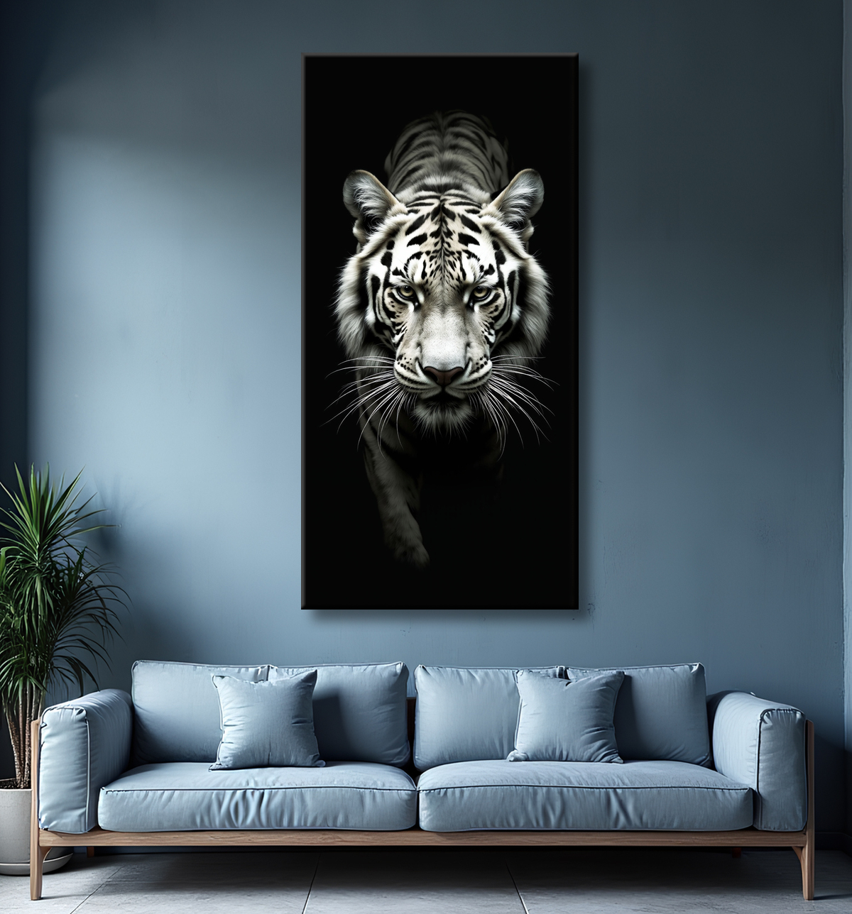 Tableau tigre blanc sur fond noir - Portrait animalier haut de gamme avec decor