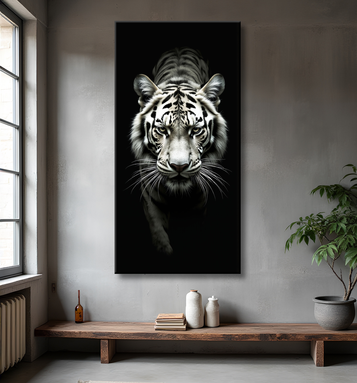 Tableau tigre blanc sur fond noir - Portrait animalier haut de gamme avec decor