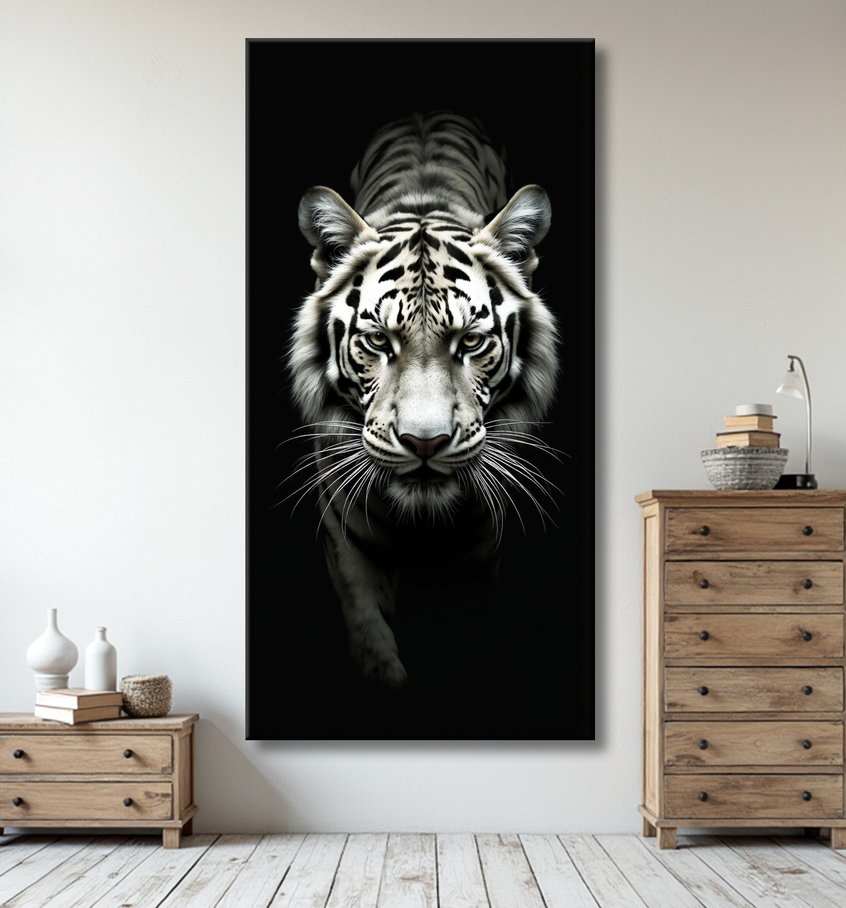 Tableau tigre blanc sur fond noir - Portrait animalier haut de gamme avec decor