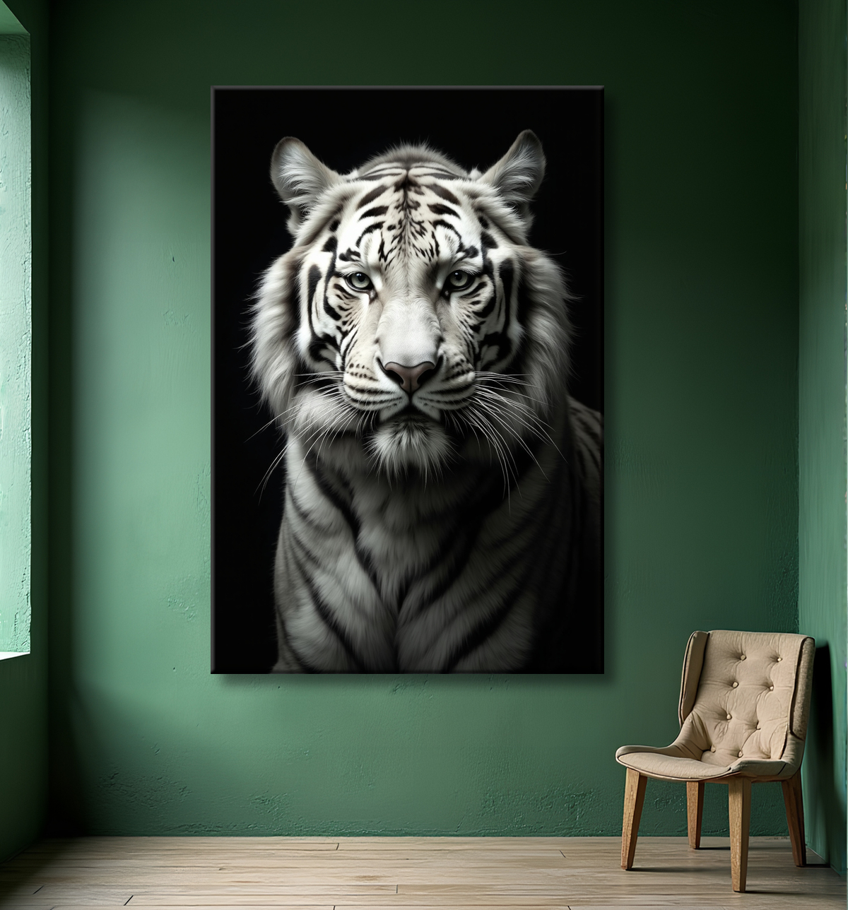 Tableau tigre blanc sur fond noir - Portrait animalier haut de gamme avec decor