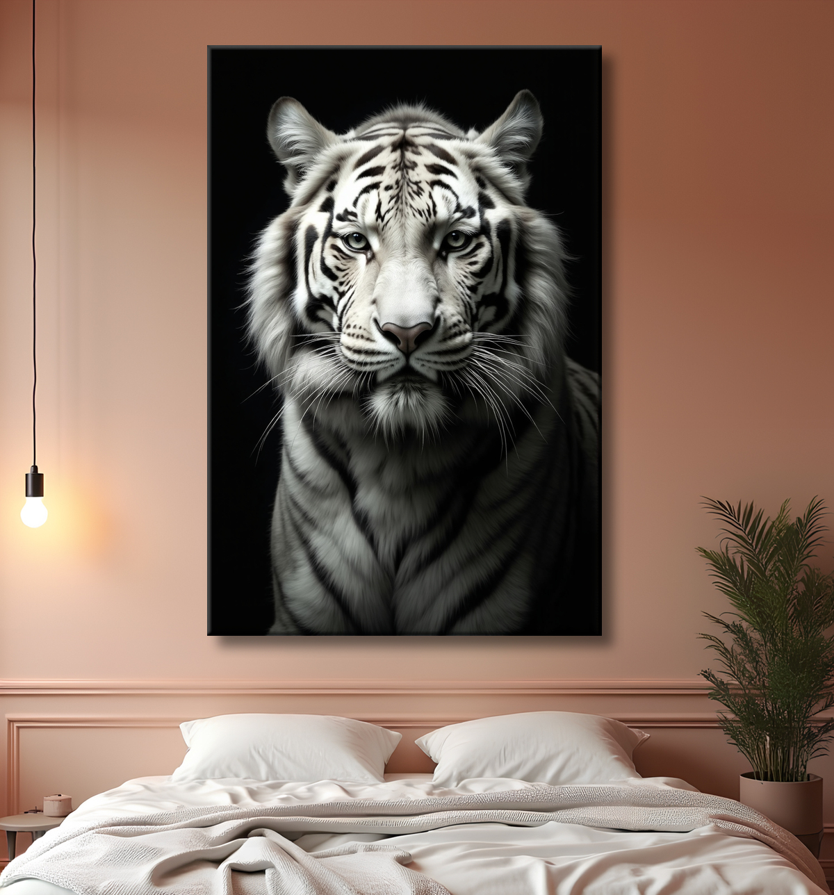 Tableau tigre blanc sur fond noir - Portrait animalier haut de gamme avec decor
