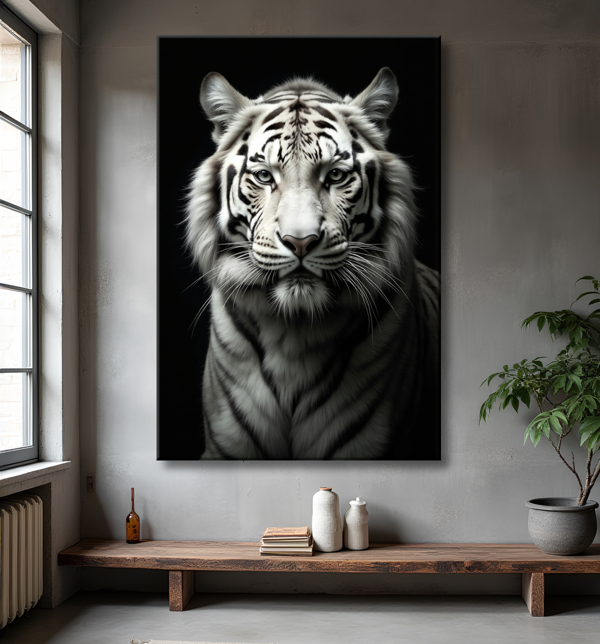 Tableau tigre blanc sur fond noir - Portrait animalier haut de gamme avec decor