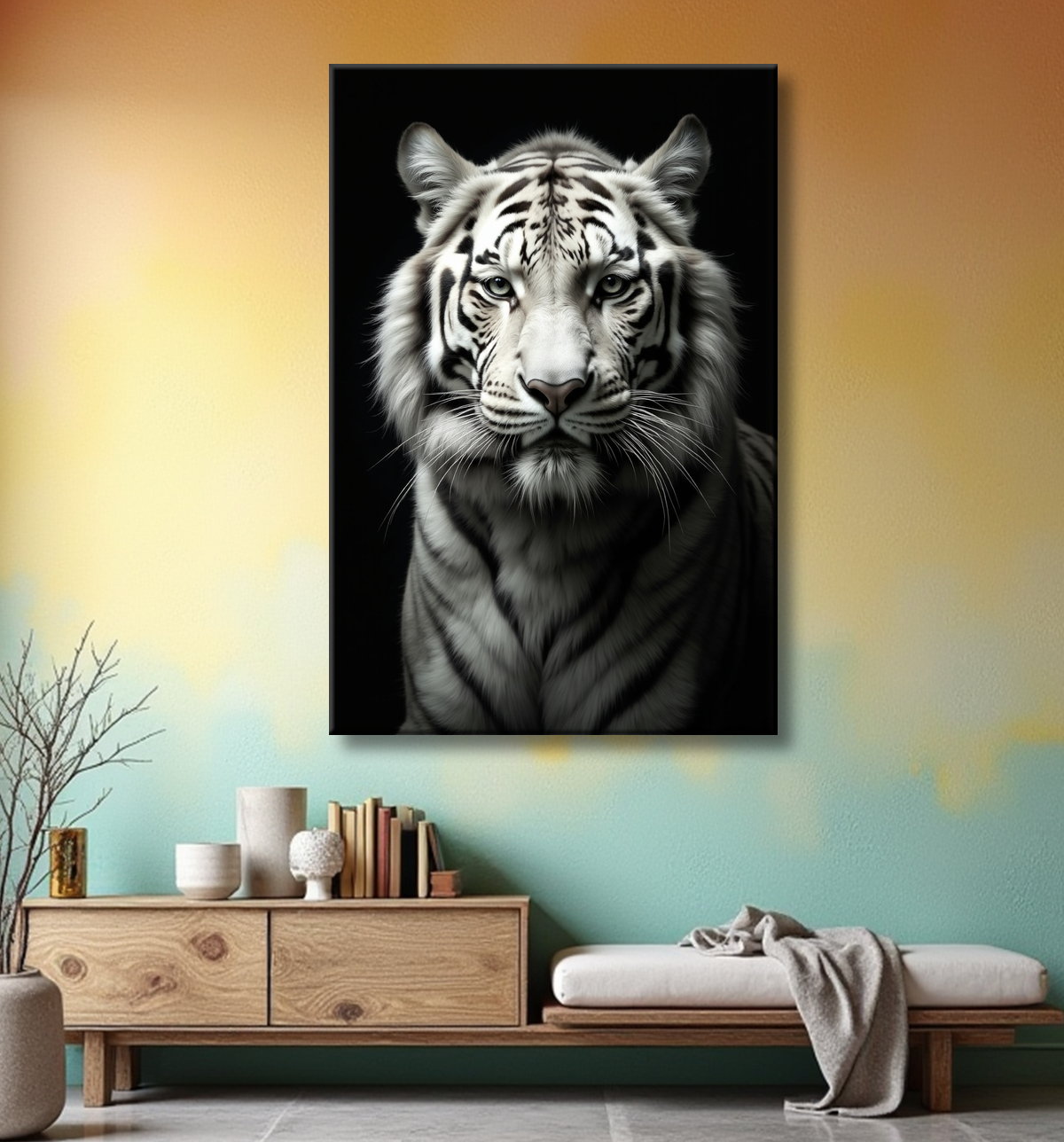 Tableau tigre blanc sur fond noir - Portrait animalier haut de gamme avec decor
