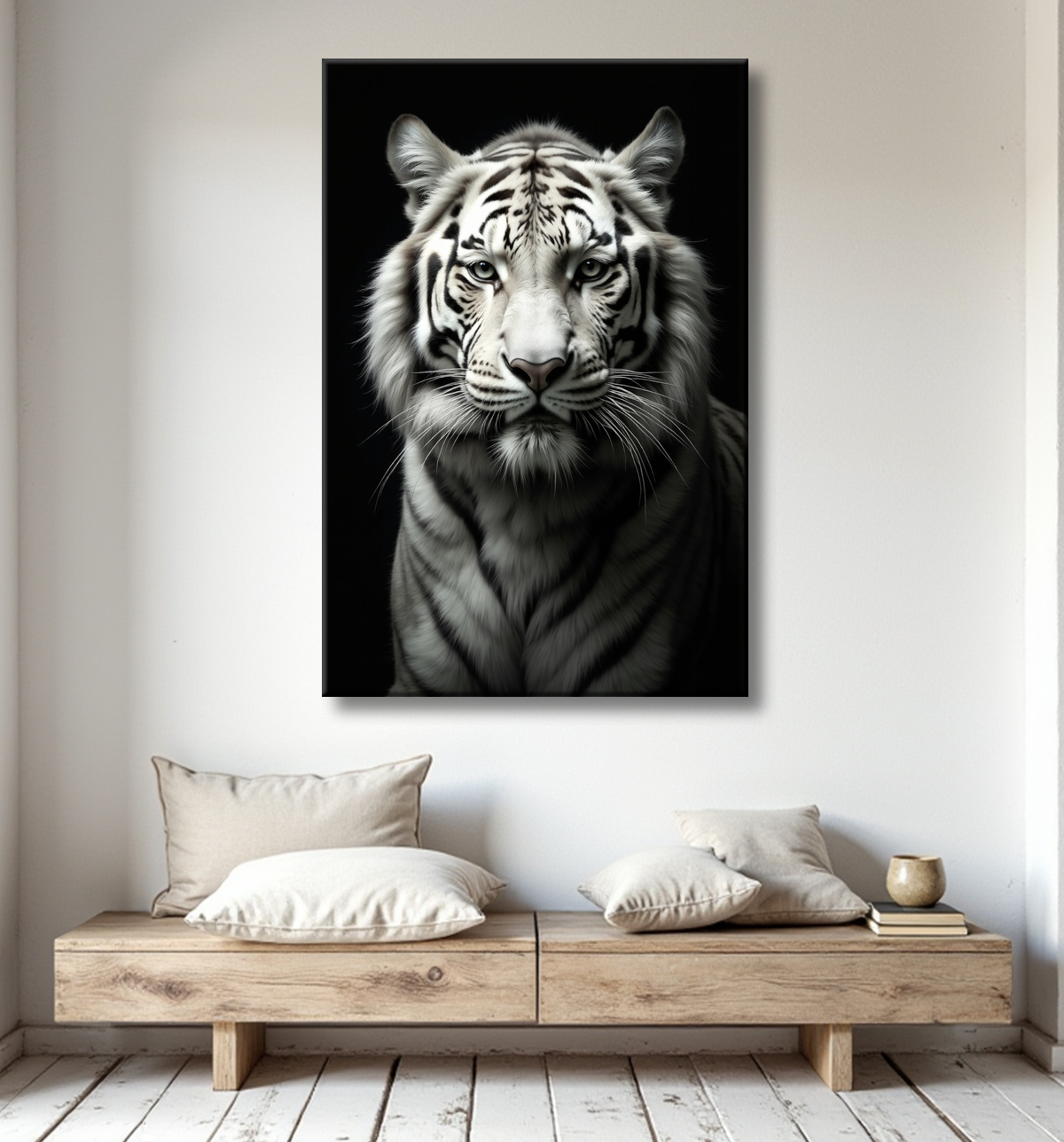 Tableau tigre blanc sur fond noir - Portrait animalier haut de gamme avec decor