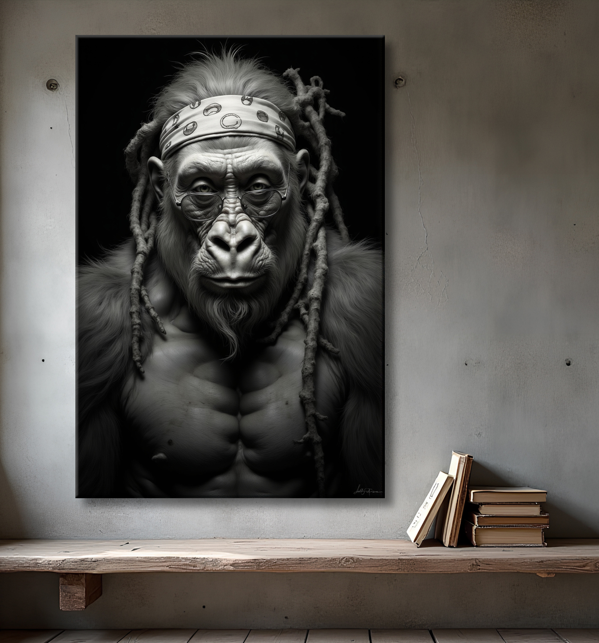 Tableau Rasta Gorille : gorille portant dreadlocks, lunettes de soleil haut de gamme et bandana. Œuvre design originale idéale pour une décoration audacieuse.