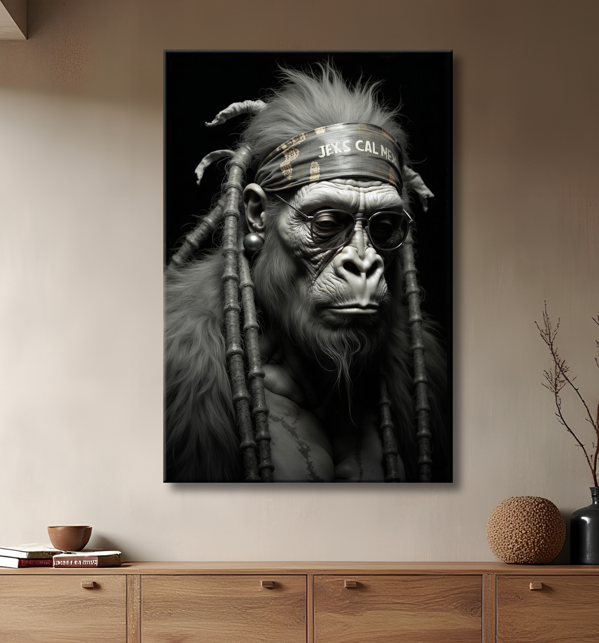 Tableau Rasta Gorille : gorille portant dreadlocks, lunettes de soleil haut de gamme et bandana. Œuvre design originale idéale pour une décoration audacieuse.