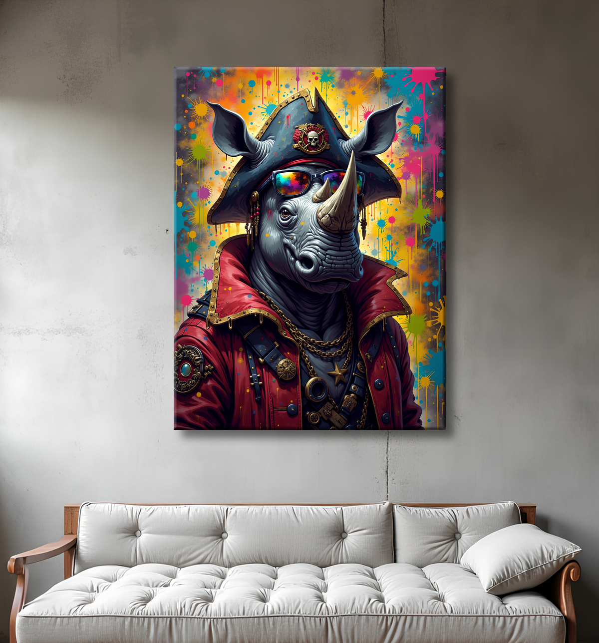 Tableau rhinocéros graffiti - Art mural sauvage et explosif avec decor