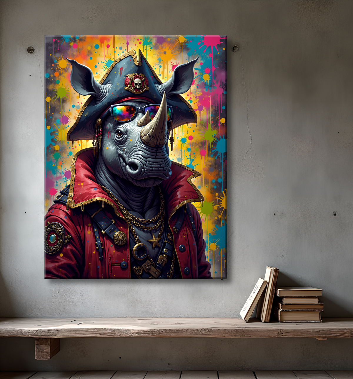 Tableau rhinocéros graffiti - Art mural sauvage et explosif avec decor