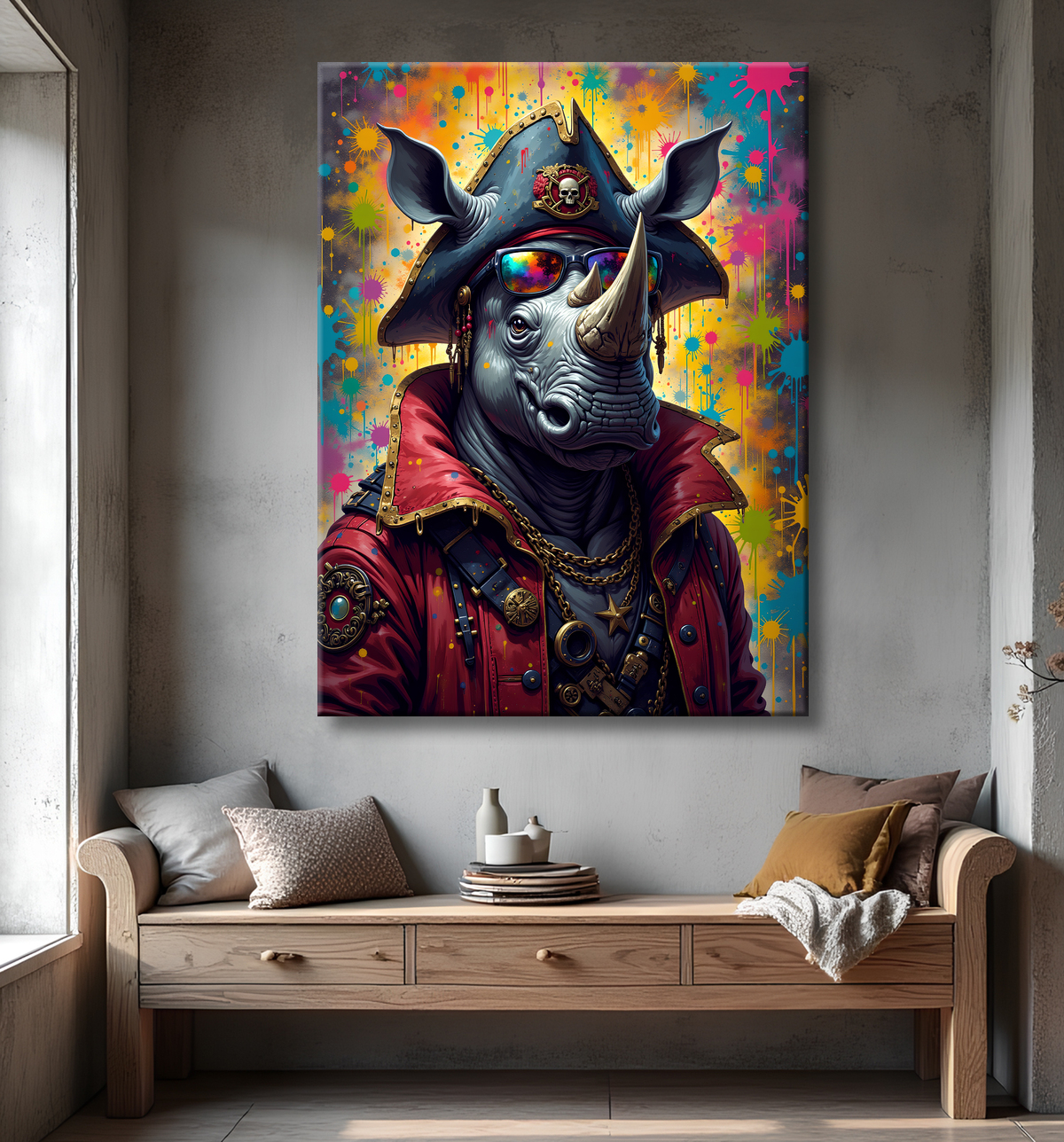 Tableau rhinocéros graffiti - Art mural sauvage et explosif avec decor