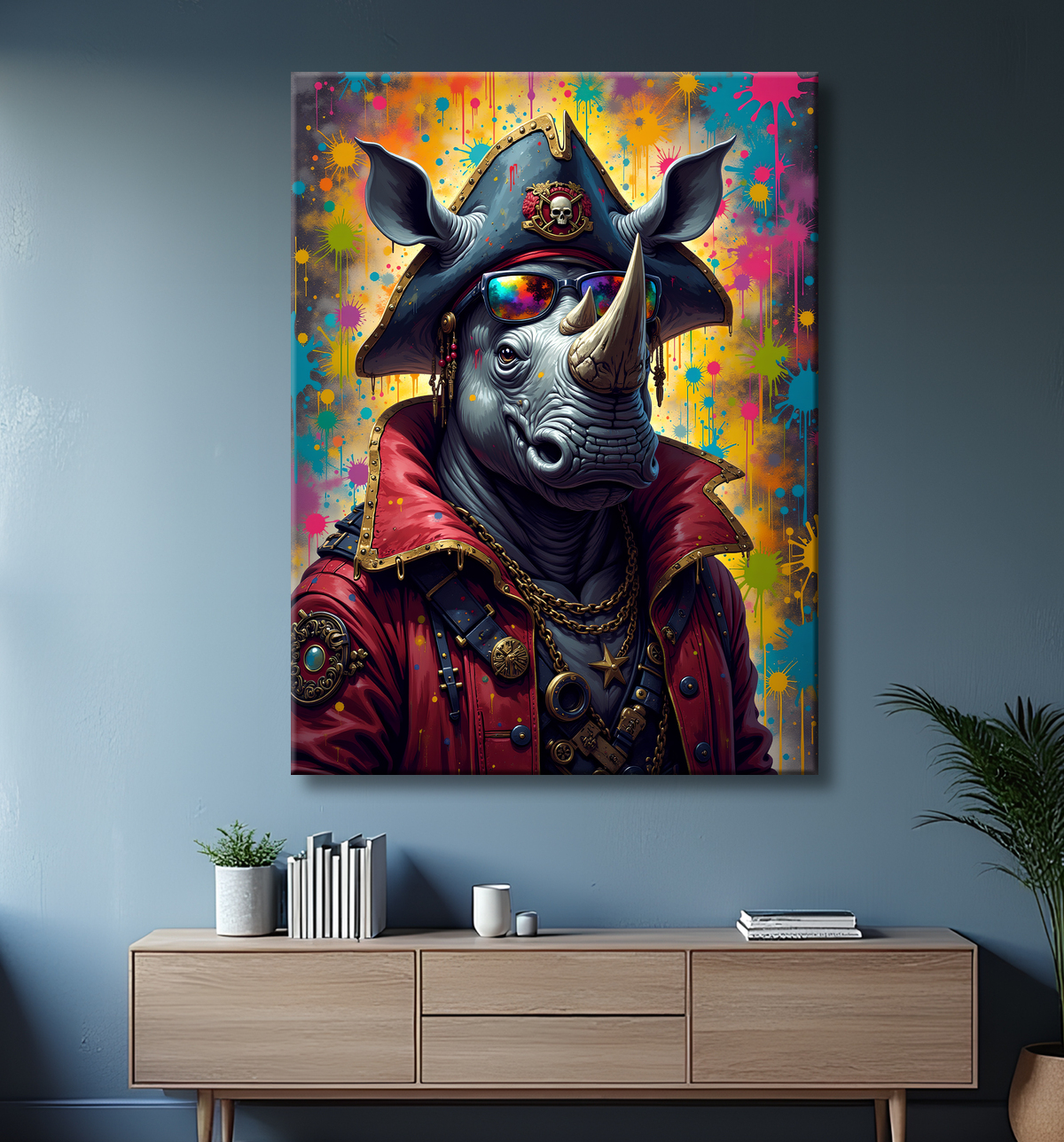 Tableau rhinocéros graffiti - Art mural sauvage et explosif avec decor