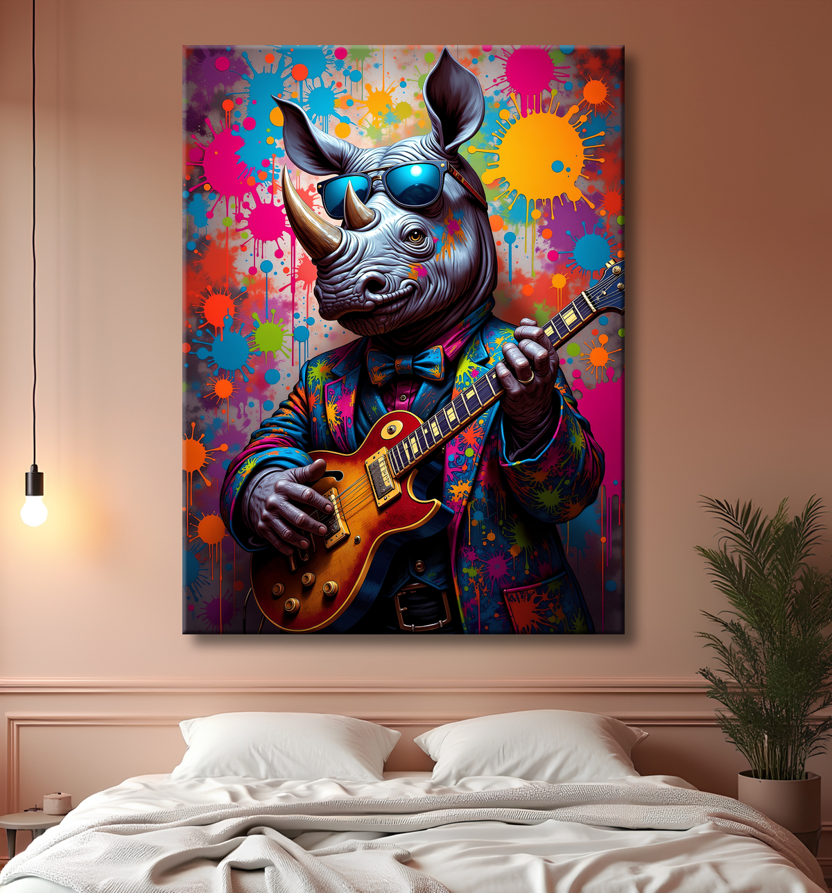 Tableau rhinocéros graffiti - Art mural sauvage et explosif avec decor